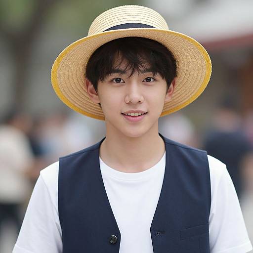 Young Asian man with fair skin, black hair, wearing a straw hat, white shirt, and black vest, smiling softly in a blurred outdoor urban setting