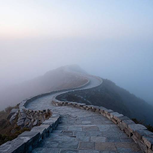 Photograph of a foggy stone observation deck winding through a misty mountain landscape, with a distant, fog-covered peak.