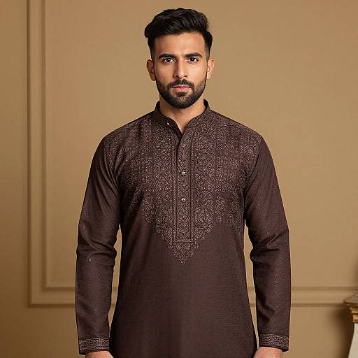 Photograph of a handsome, bearded Indian man with dark hair, wearing a black, intricately embroidered traditional kurta, standing against a beige wall