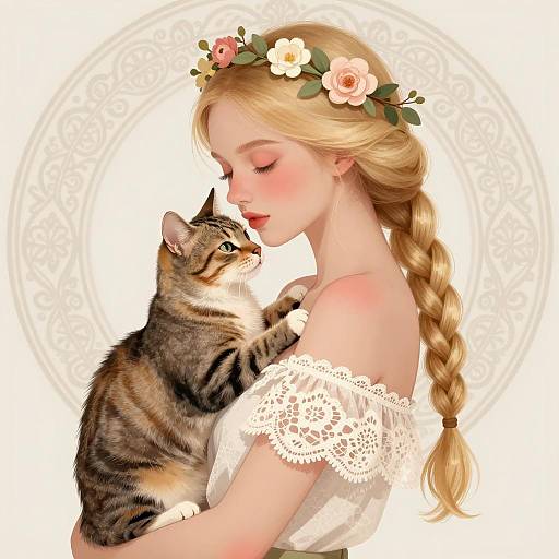Serene Woman with Tabby Cat Illustration