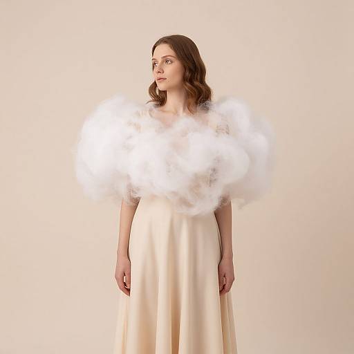 Photograph of a fair-skinned woman with wavy brown hair, wearing a cream-colored, floor-length dress, adorned with white, cloud-like p