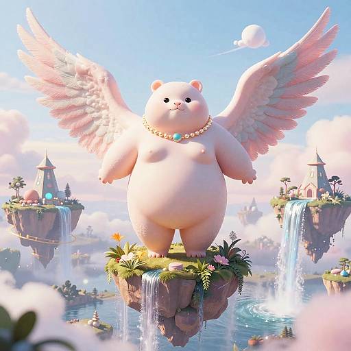 Digital art of a chubby, white bear with pink wings and a pearl necklace, standing on a floating island with waterfalls, surrounded by floating islands and