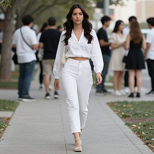 Photograph of a confident woman with long black hair, wearing a white blouse and pants, walking down a sidewalk, surrounded by people in casual attire.