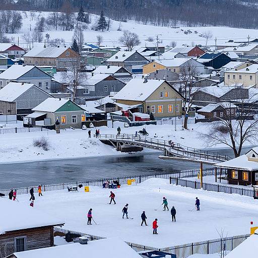 Photograph of a snowy village with colorful houses, people ice skating on a frozen river, and a wooden bridge in the background.