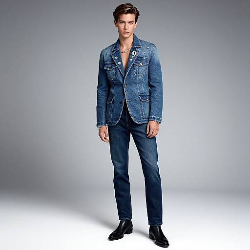 Photograph of a handsome man with short brown hair, wearing a blue denim jacket, dark blue jeans, and black boots, standing against a gradient gray