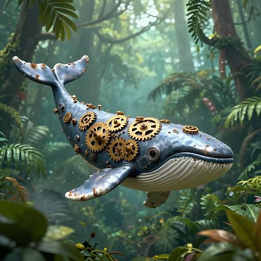 Digital artwork of a blue whale adorned with golden gears, floating in a lush, sunlit jungle with dense green foliage.