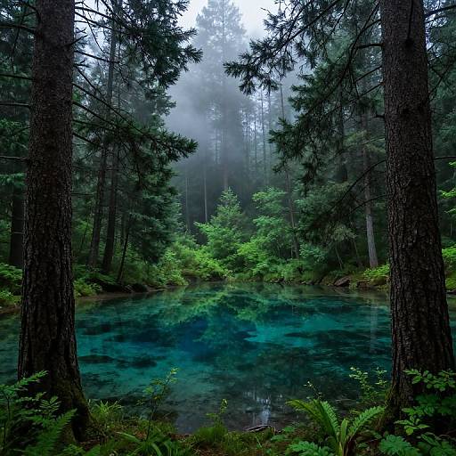 Photograph of a misty, tranquil forest pond with clear, turquoise water surrounded by tall, dark evergreen trees and lush green ferns.