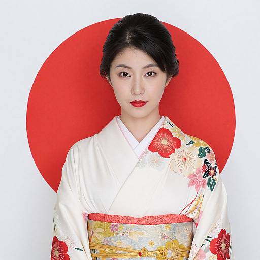 Photograph of an Asian woman in a white floral kimono with red and yellow obi, standing against a red circular background.
