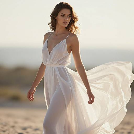 Photograph of a slender, dark-haired woman in a flowing white, low-cut dress, standing on a sandy beach at sunset, with the dress bill