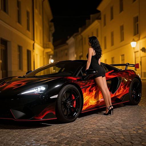 Night photograph of a woman with long black hair in a black leather dress and heels, standing next to a black sports car with red flame decals, on