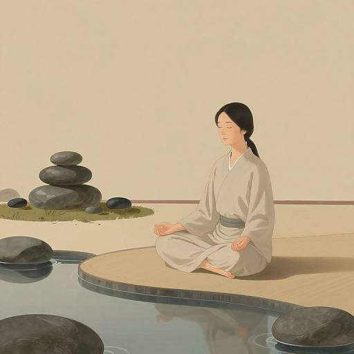Digital illustration of a calm Asian woman in a gray kimono meditating on a wooden platform by a serene pond with stacked stones.