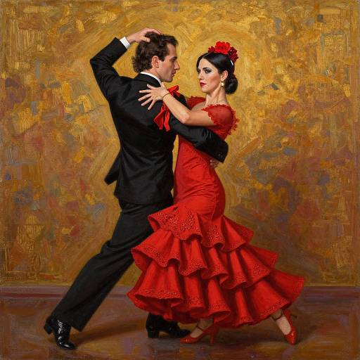 Photograph of a passionate Flamenco dance couple; man in black suit, woman in red ruffled dress, gold textured background.