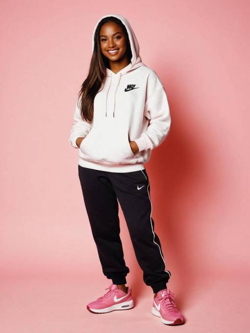 Smiling Woman in Nike Hoodie and Sneakers