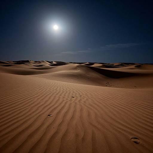 Photograph of a moonlit desert with rippled sand dunes, visible footprints, and a bright, glowing full moon in a dark blue sky