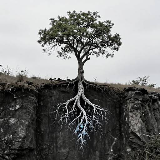 Photograph of a solitary tree with visible roots extending through a dark cliff, green leaves contrasting against a white sky.