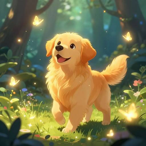 Digital illustration of a golden retriever puppy with fluffy fur, standing in a luminous forest, surrounded by glowing butterflies and colorful flowers. The puppy is