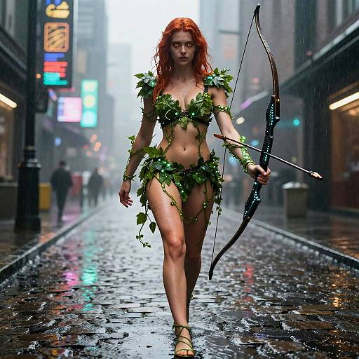Digital art: Red-haired woman with green leaf bikini and bow walks through rain-soaked, neon-lit city street, holding a bow.