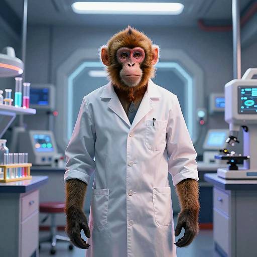 Confident Monkey Scientist in Futuristic Lab