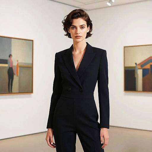 Photograph of a serious, short-haired woman in a black, tailored suit standing in a modern art gallery with abstract paintings on white walls.