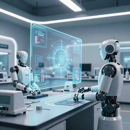 Photograph of two white humanoid robots with glowing blue holographic screens displaying technical data, working at a sleek, modern laboratory desk.