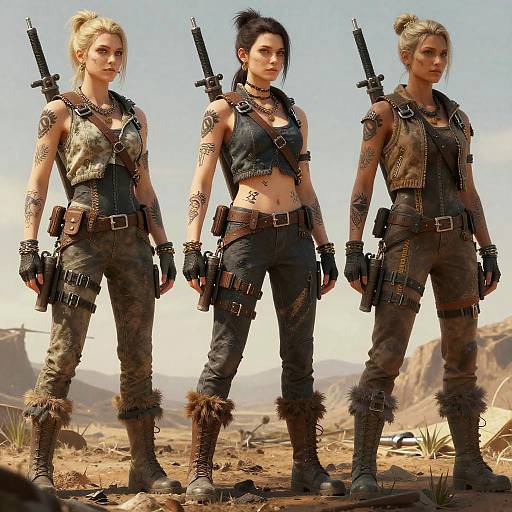Digital art of three tattooed, blonde-haired, armored women with guns standing in a desert, wearing leather vests and fur-trimmed pants.