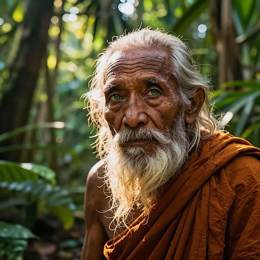 Photograph of an elderly Indian man with a long white beard, green eyes, and weathered skin, wearing an orange dhoti, illuminated by