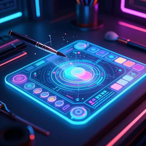 Neon-lit, glowing DJ controller with a pen hovering above, emitting blue and pink light, surrounded by colorful, illuminated buttons. Photorealistic