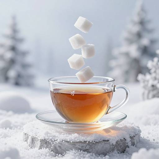 Photograph of a clear glass teacup with amber tea, snow-covered surface, and six white sugar cubes mid-air in a snowy, blurred forest