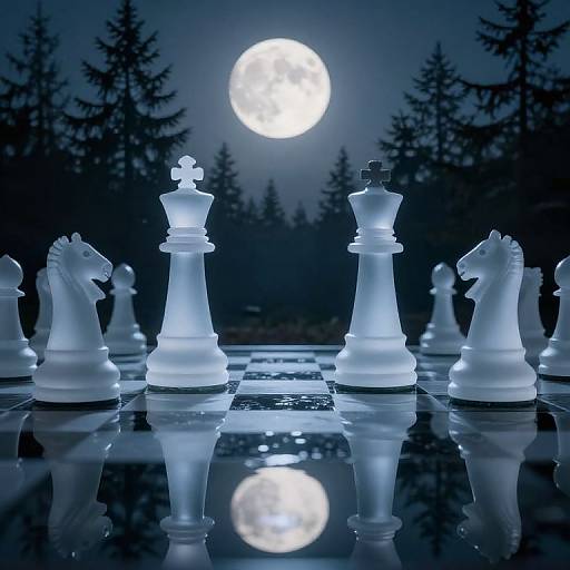 Photograph of a glowing blue chessboard with illuminated white chess pieces, including a king and horse piece, under a full moon in a dark forest.