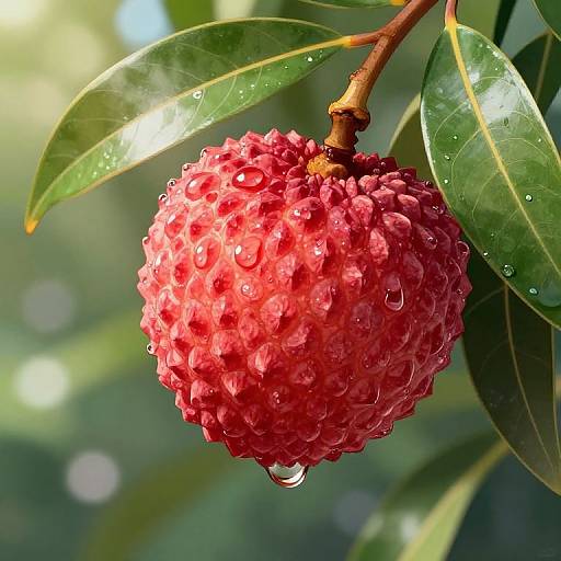 Photograph of a vibrant pink, water droplet-covered, spherical fruit hanging from a brown branch with glossy green leaves, set against a blurred, sun