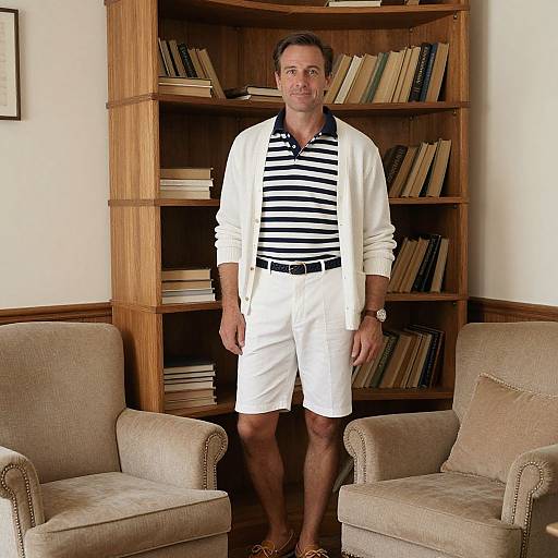 Photograph of a middle-aged man in a striped shirt, white shorts, and white cardigan, standing in a book-filled wooden room.