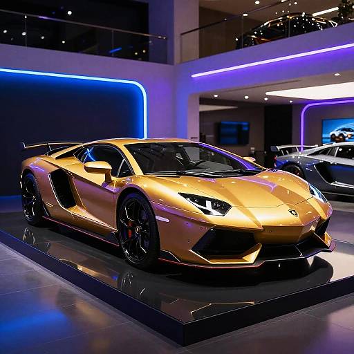 Neon Gold Lamborghini in Futuristic Showroom