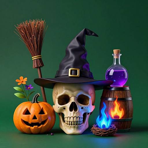 Photograph-style CGI: Halloween scene with skull, carved pumpkin, witch hat, broom, glowing potion, barrel with fire, and blue flame,