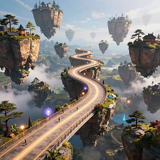 Surreal Floating Islands with Glowing Paths