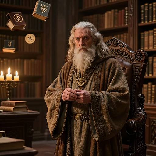 Elder wizard with long white beard and brown robe, floating books, candles, and runes in dimly lit, wooden library. Photograph.