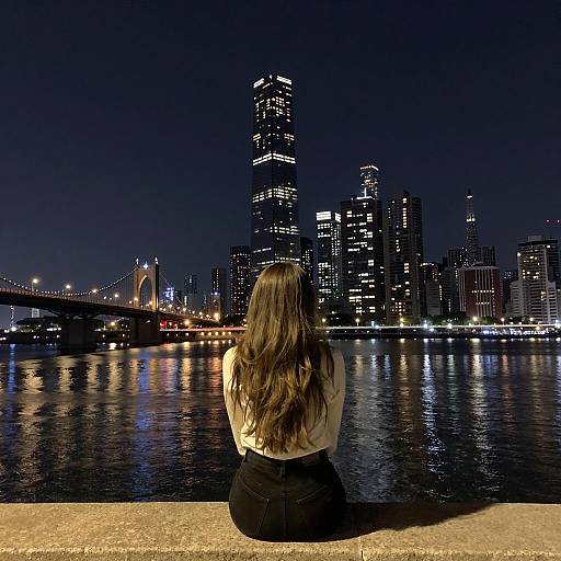 Girl Sitting by Night Cityscape Reflection