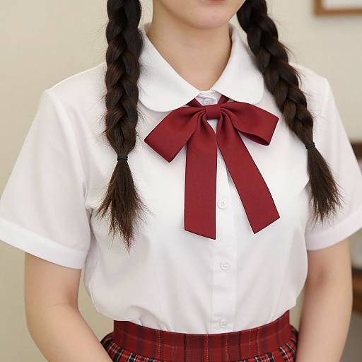 Photograph of an Asian girl with long black braids, wearing a white short-sleeve blouse with a large red bow, and a red pl