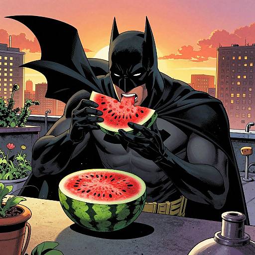 Digital art: Muscular Batman with black suit and cowl, eating watermelon on rooftop at sunset, cityscape in background, potted plants and
