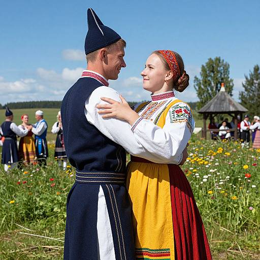 Photograph of a smiling couple in traditional Polish folk costumes, dancing outdoors on a sunny day with a clear blue sky.