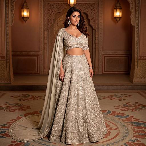 Photograph of a dark-haired woman in an ornate, cream-colored traditional Indian ensemble with a long dupatta, standing in a warmly lit, intric