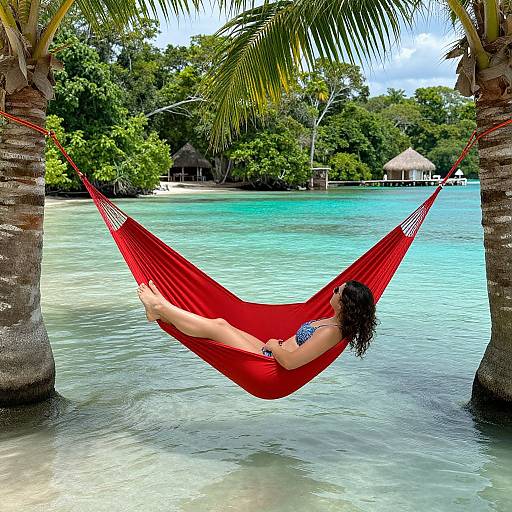 Photograph of a woman with curly dark hair, wearing a blue bikini, relaxing in a red hammock between palm trees, overlooking a turquoise ocean with