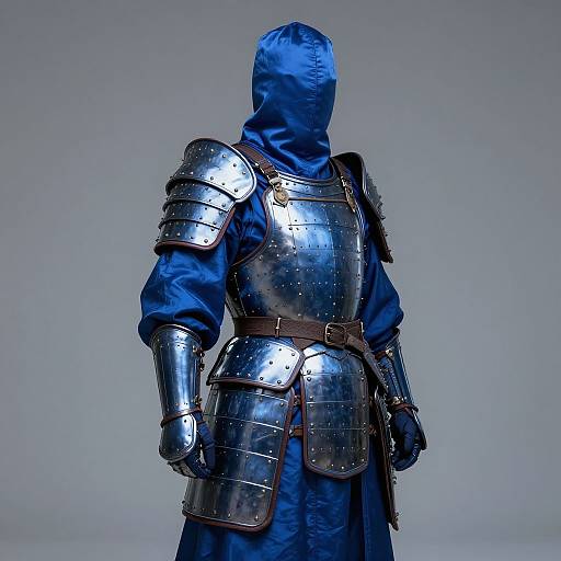 Photograph of a person in full blue medieval knight armor with metallic plates, brown leather straps, and a hooded blue robe, standing against a plain