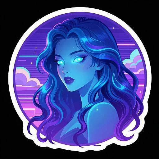 Neon digital artwork of a glowing blue-eyed woman with long, wavy purple and blue hair against a vivid purple and pink sunset background.