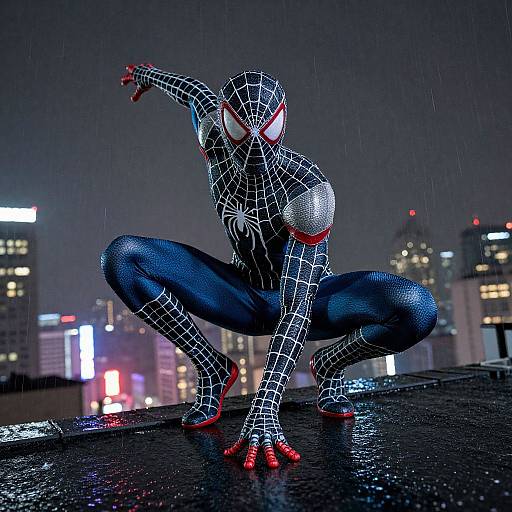 Photorealistic CGI of Spider-Man in black web suit, crouching on rooftop at night, rain falling, city lights in background.