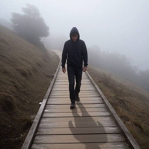 Photograph: Foggy wooden path with lone man in black hoodie and pants, shadow cast forward, trees and grass on either side.