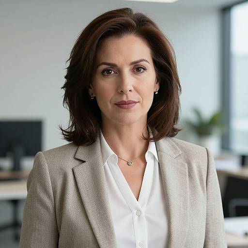 Photograph of a poised, middle-aged woman with shoulder-length brown hair, wearing a light gray blazer over a white blouse, in a modern office