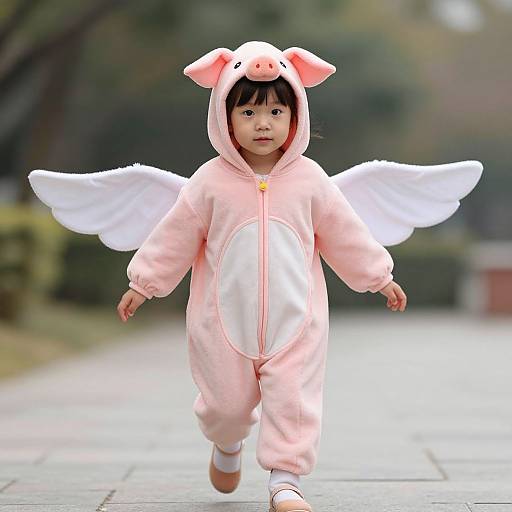 Photograph of an Asian toddler in a pink pig costume with white wings, walking outdoors on a blurred path.