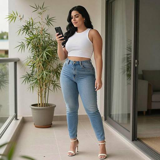 Curvy Woman on Tiled Balcony