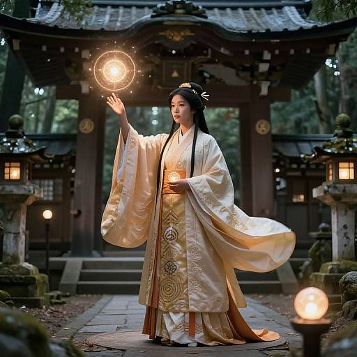 Photograph of an East Asian woman in ornate, golden kimono, glowing light sphere in hand, standing before traditional Japanese temple, surrounded by lantern