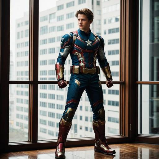 Young Man in Avengers-Inspired Armor Suit Indoors